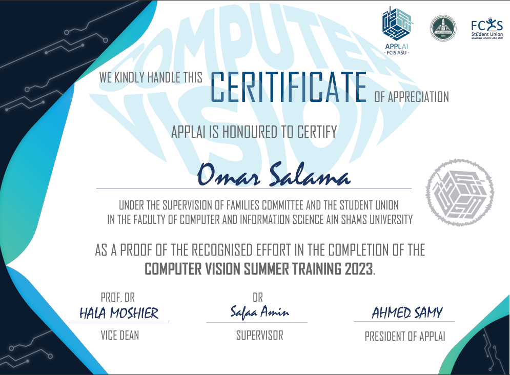 ApplAi Computer Vision training certificate